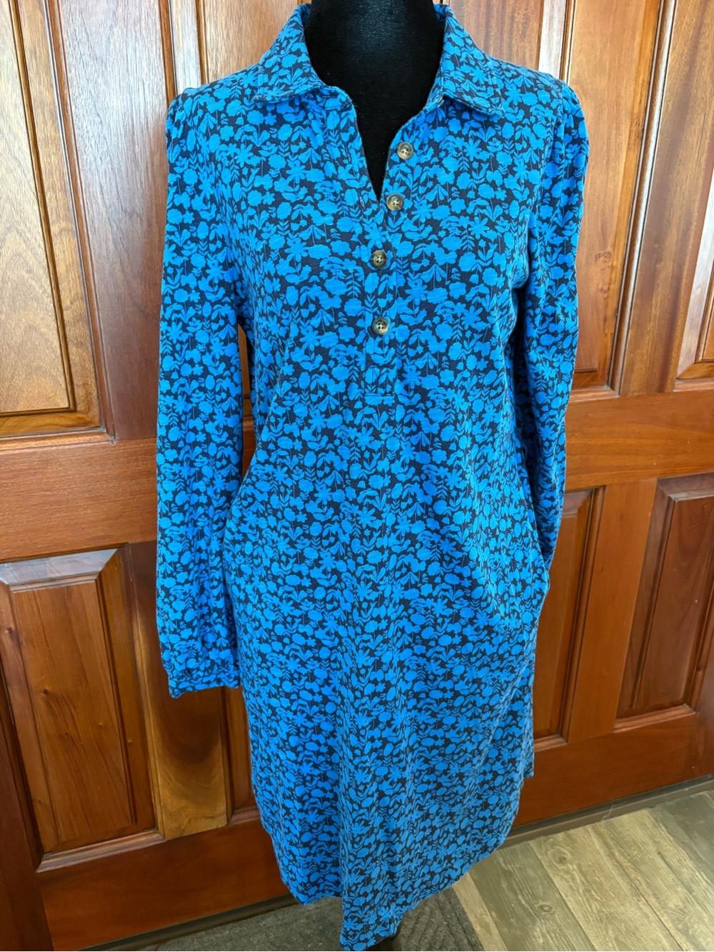 Boden Dress Women's 8 Tall Blue Floral Jersey Shirt Belted Pockets Long Sleeve